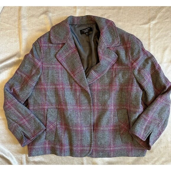 Talbots‎ Jacket Pea Coat Blazer Wool Blend Gray Pink Plaid Coat Size 16 Preppy - Picture 1 of 10